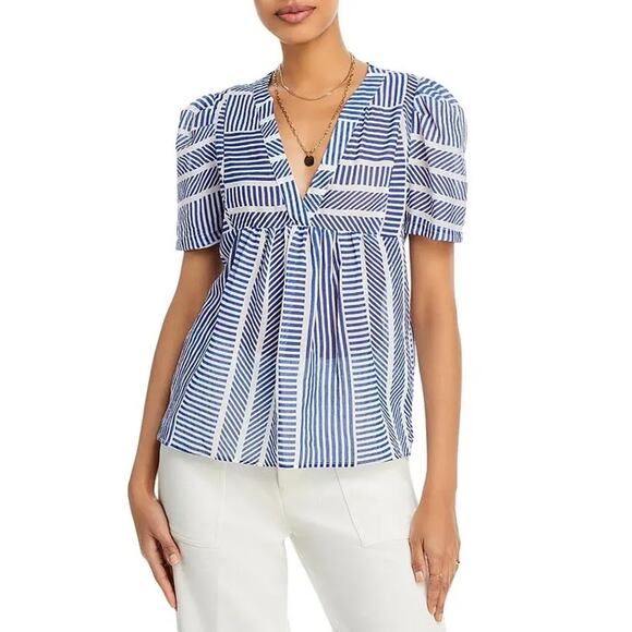 Nordstrom AQUA Women's Short Sleeve V-Neck Top Blouse Size XS Navy Striped - Picture 1 of 8